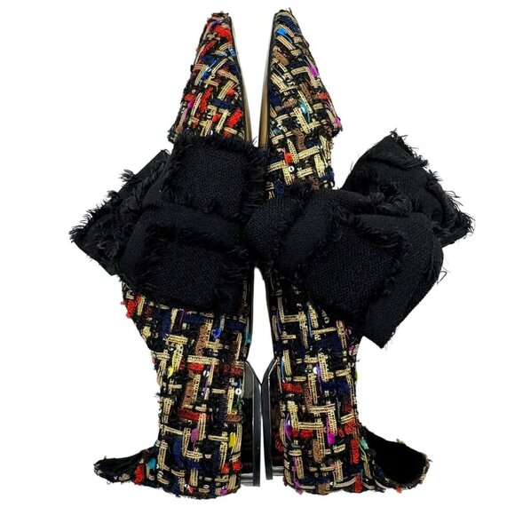 Zara Multicolor Tweed Pointed Flats Black Frayed Bow Women's Size EU 37/US 6.5 - Picture 10 of 16